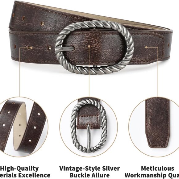 Women Brown Leather Belt Vintage Silver Buckle Waist Strap for Jeans Dresses - Picture 4 of 6